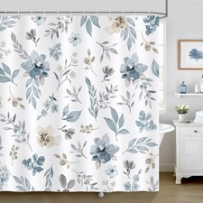 Floral Shower Curtain, Blue Beige Flower Leaves Modern Minimalist Bathroom De... — custom printed polyester bath curtain