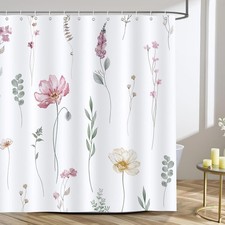 Watercolor Floral Shower Curtain, Pink Beige Flower Leaves Modern, 72 x 72 Inch — custom printed polyester bath curtain