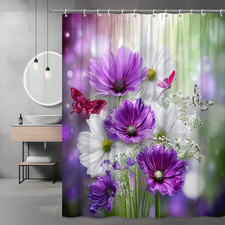 Purple White Floral Butterfly Shower Curtain, Cosmos Flowers Print — custom printed polyester bath curtain
