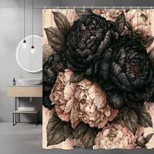 Black Peony Floral Shower Curtain, Beige Botanical Print — custom printed polyester bath curtain