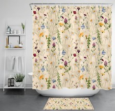 Yellow Daisy Blue Wildflower on Beige Shower Curtain Bathroom Accessories Set — custom printed polyester bath curtain