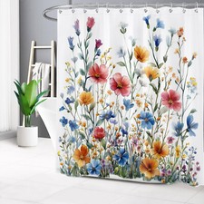 Vintage Green Leaf Orange and Blue Floral Shower Curtain Set for Bathroom Decor — custom printed polyester bath curtain
