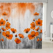 Poppy Kids Shower Curtains,Orange Flowers Rustic Farmhouse Bathroom Curtains ... — custom printed polyester bath curtain