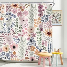 Extra Long Cute Boho Wildflower Watercolor Kids Bathroom Shower Curtain Set — custom printed polyester bath curtain