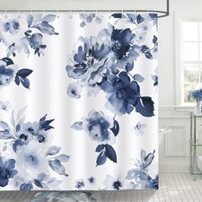 Navy Blue Floral Shower Curtain, Watercolor Flower Modern Ink Plant Bathroom ... — custom printed polyester bath curtain