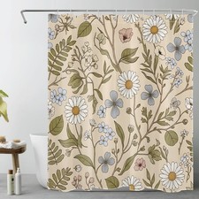 Green Leaf Blue and Yellow Floral Beige Shower Curtain Set for Bathroom Decor — custom printed polyester bath curtain
