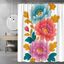 Floral Shower Curtain in Blue, Pink, and Gold - Waterproof Fabric — custom printed polyester bath curtain