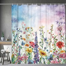 Farmhouse Rustic Boho Floral Shower Curtain, Colorful Watercolor Wildflower — custom printed polyester bath curtain