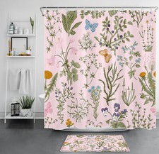 Green Grass Blue Butterfly Pink Wildflower Shower Curtain Set for Bathroom Decor — custom printed polyester bath curtain