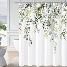 Sage Green Eucalyptus Shower Curtain, Floral Print, 72X72 | Watercolor Plant Lea — custom printed polyester bath curtain