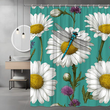 Daisy Dragonfly Shower Curtain Floral Print Teal Background — custom printed polyester bath curtain