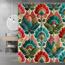Boho Floral Leaf Print Shower Curtain, Colorful Botanical Pattern — custom printed polyester bath curtain