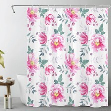 Nature Botanical Green Leaf Pink Floral Shower Curtain Set for Bathroom Decor — custom printed polyester bath curtain