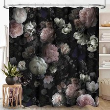 Black Floral Shower Curtains, Retro Vintage Boho Floral Peony Rose Flower Blo... — custom printed polyester bath curtain