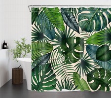 Tropical Plant Green Monstera Leaf Beige Shower Curtain Set for Bathroom Decor — custom printed polyester bath curtain