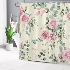 Green Leaf Pink Rose Floral on Beige Shower Curtain Bathroom Accessories Set — custom printed polyester bath curtain