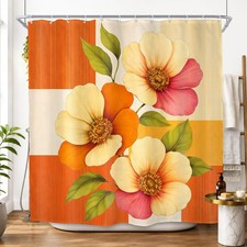 Rustic Floral Orange Modern Retro Flowers Bathroom Shower Curtain Set — custom printed polyester bath curtain