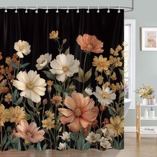 Dark Floral Shower Curtain, Black Flower Blossom Botanical Spring Colorful Vi... — custom printed polyester bath curtain