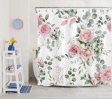 Plant Pink Floral and Green Eucalyptus Shower Curtain Bathroom Accessories Set — custom printed polyester bath curtain