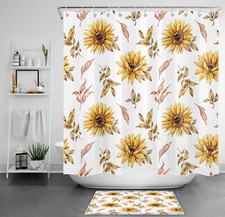 Watercolor Brown Leaf Yellow Sunflower Shower Curtain Set for Bathroom Decor — custom printed polyester bath curtain