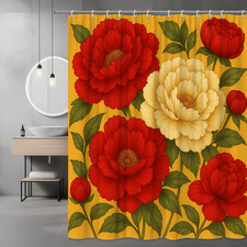 Floral Shower Curtain with Red and Yellow Peonies - Water Resistant — custom printed polyester bath curtain