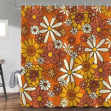 Daisy Flower Shower Curtain, Vintage Orange Funky 70s Sun Flowers Boho Colorf... — custom printed polyester bath curtain