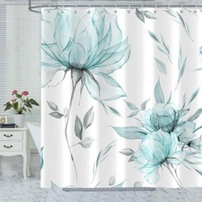 Teal Grey Watercolor Floral Shower Curtain Flower Leaves Minimalist Art — custom printed polyester bath curtain
