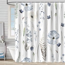 Blue Beige Floral Shower Curtain Waterproof Fabric 72x72 Inch 12 Hooks Decor — custom printed polyester bath curtain