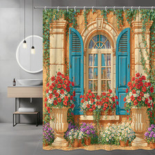 Floral Window Scene Shower Curtain, Blue Shutters and Flowers — custom printed polyester bath curtain