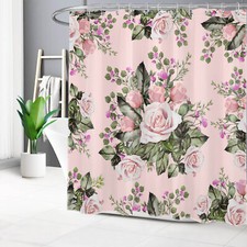Botanical Green Leaf Pink Rose Floral Shower Curtain Set for Bathroom Decor — custom printed polyester bath curtain
