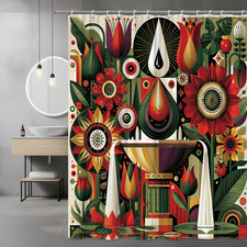 Abstract Floral Shower Curtain, Boho Botanical Print, Red Green Gold — custom printed polyester bath curtain
