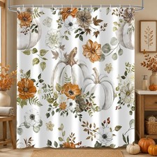 Fall Watercolor Pumpkin Autumn Thanksgiving with Floral Shower Curtain — custom printed polyester bath curtain