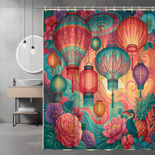Colorful Lanterns Floral Shower Curtain, Tropical Bird Print — custom printed polyester bath curtain