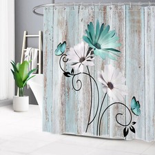 Retro Butterfly Plant Teal Blue Floral Shower Curtain Bathroom Accessories Set — custom printed polyester bath curtain