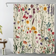 Vintage Botanical Yellow Floral Beige Shower Curtain Set for Bathroom Decor — custom printed polyester bath curtain