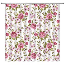 Vintage Floral Shower Curtain Watercolor Pink Flower Green Leaves Romantic — custom printed polyester bath curtain