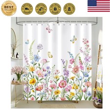 Spring Floral Shower Curtain, Colorful Watercolor Wildflower Leaves Butterfly... — custom printed polyester bath curtain