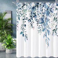 Extra Long Shower Curtain 72x84 Inch Blue Floral Watercolor Eucalyptus Set — custom printed polyester bath curtain