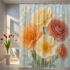 Floral Shower Curtain - Cute Pink and Yellow Flowers on Blue Background — custom printed polyester bath curtain