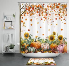 Yellow Sunflower Orange Pumpkin Pink Fall Shower Curtain Set for Bathroom Decor — custom printed polyester bath curtain