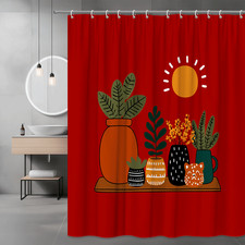 Boho Plant Pots Shower Curtain Red Abstract Graphic — custom printed polyester bath curtain