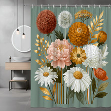 Floral Shower Curtain with Daisy and Chrysanthemum Print — custom printed polyester bath curtain