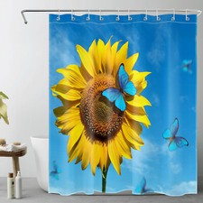 Blue Sky Butterfly Yellow Sunflower Shower Curtain Bathroom Accessories Set — custom printed polyester bath curtain