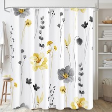 72x78 Inch Watercolor Floral Yellow Grey Flower Decorative Fabric Shower Curtain — custom printed polyester bath curtain