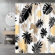 Boho Tropical Leaf Shower Curtain Black Beige Abstract Print — custom printed polyester bath curtain