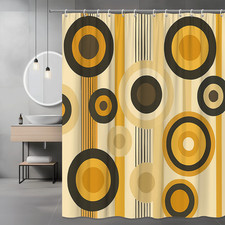 Retro Geometric Shower Curtain in Yellow and Brown Circles Design — custom printed polyester bath curtain