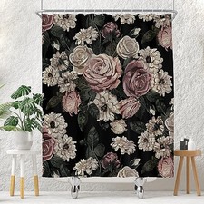 Black Floral Shower Curtain for Bathroom Set Dark Rose Blossom Flower Boho — custom printed polyester bath curtain