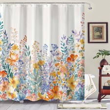 72x72 Inch Floral Shower Curtain Set Bright Orange Blue Yellow Art Watercolor — custom printed polyester bath curtain