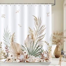 Boho Leaves Shower Curtain, Tan Leaf Floral Plant Farmhouse Bathroom Decor 72... — custom printed polyester bath curtain