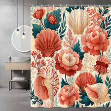 Floral Seashell Shower Curtain Coral Teal Shell Pattern — custom printed polyester bath curtain